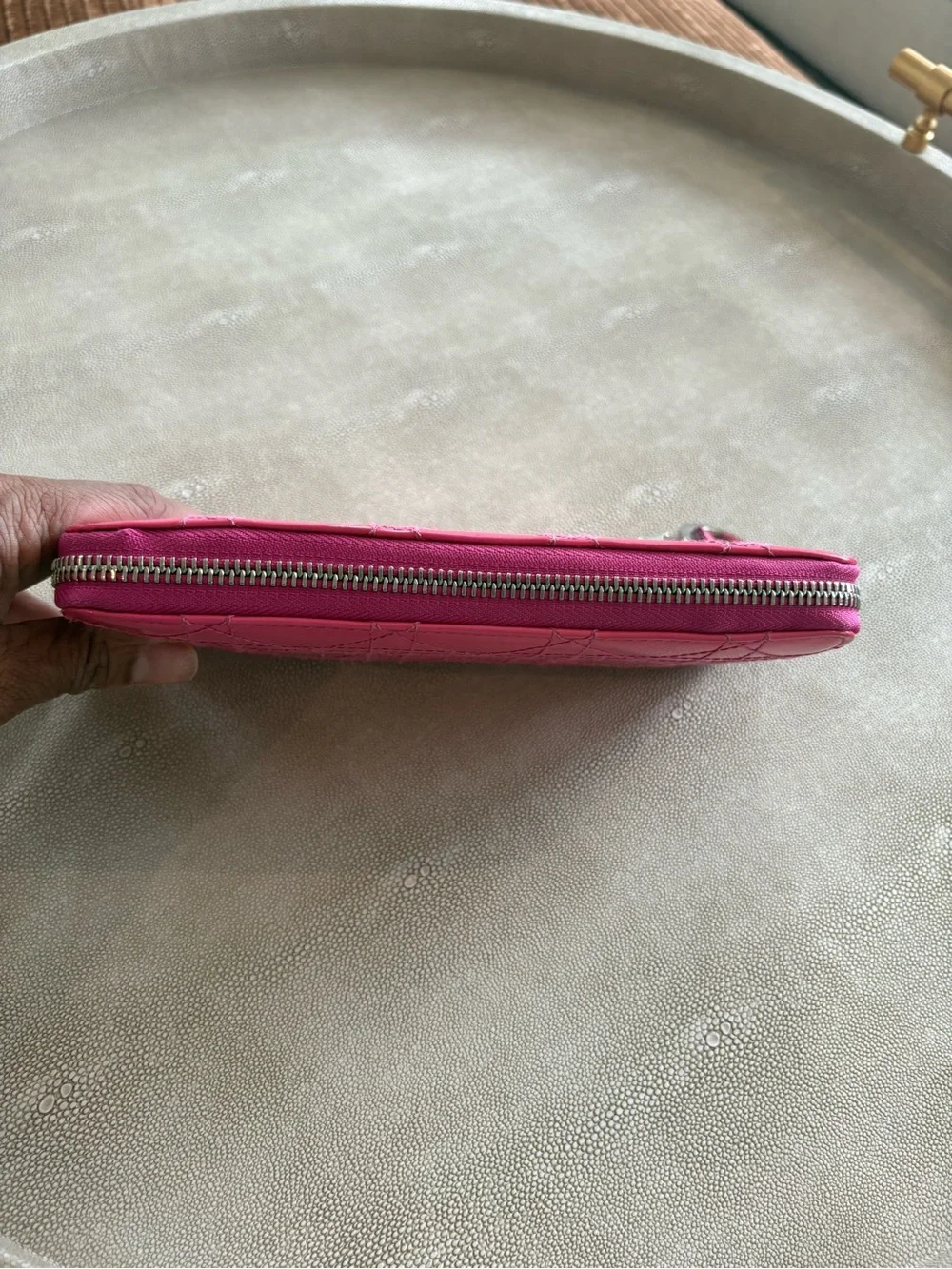 Dior Hot Pink Quilted Patent Zip-Around Wallet with Charm